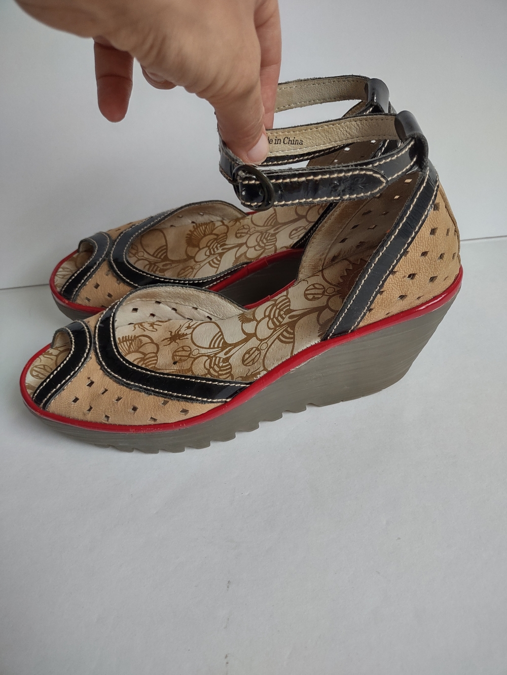 Fly London Tan and Black Wedge Sandals with Red Trim - Picture 10 of 10